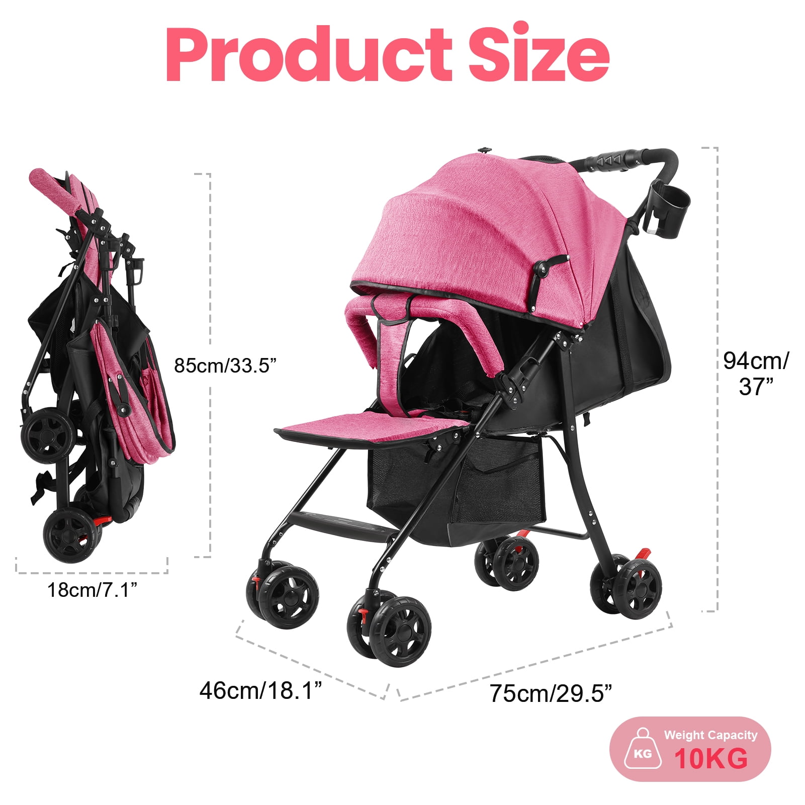 Thehsnt One-Hand Fold Stroller - Adjustable Backrest & Canopy, for Infants 0-2 Years Up to 22 lbs