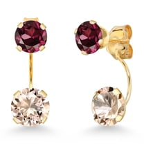 Gem Stone King 14K Yellow Gold Peach Morganite and Red Rhodolite Garnet Dual Drop 2 Stone Round Earrings for Women (2.40 Cttw, Gemstone Birthstone, Round 6MM and 5MM)