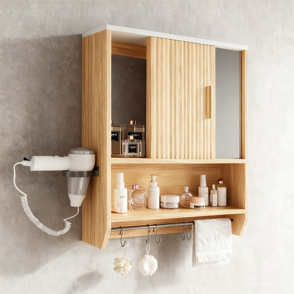 VERDALAY Armario con espejo para baño Armario para medicamentos de pared con toallero/soporte para secador de pelo/5 ganchos Armario de almacenamiento sobre el inodoro para baño, cocina y lavadero