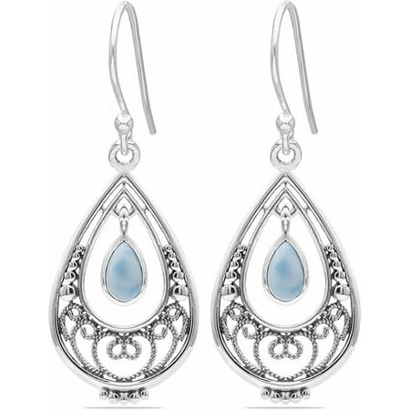 JAY JOOLS Larimar Dangle Earrings for Women 925 Sterling Silver Natural Caribbean Pear Blue Gemstone Handmade Boho Filigree Jewelry Gift for Wife or Mom