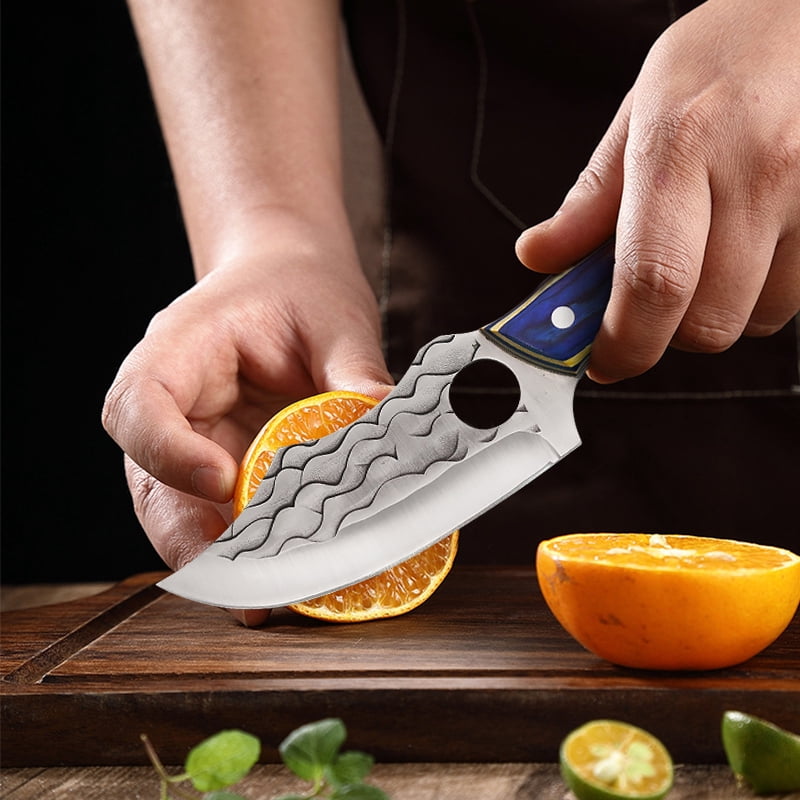 Hand Forged Outdoor Hunting Knife, Blue Wood Handle Survival Knife with Sheath, Full Tang Sharp Fixed Blade Knife for Camping Hiking Daily Use
