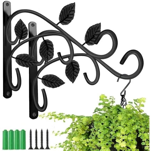 Hanging Plant Holder,12 Inch Wall Mount Hanging Metal Plant Hook (Black,Set of 2)