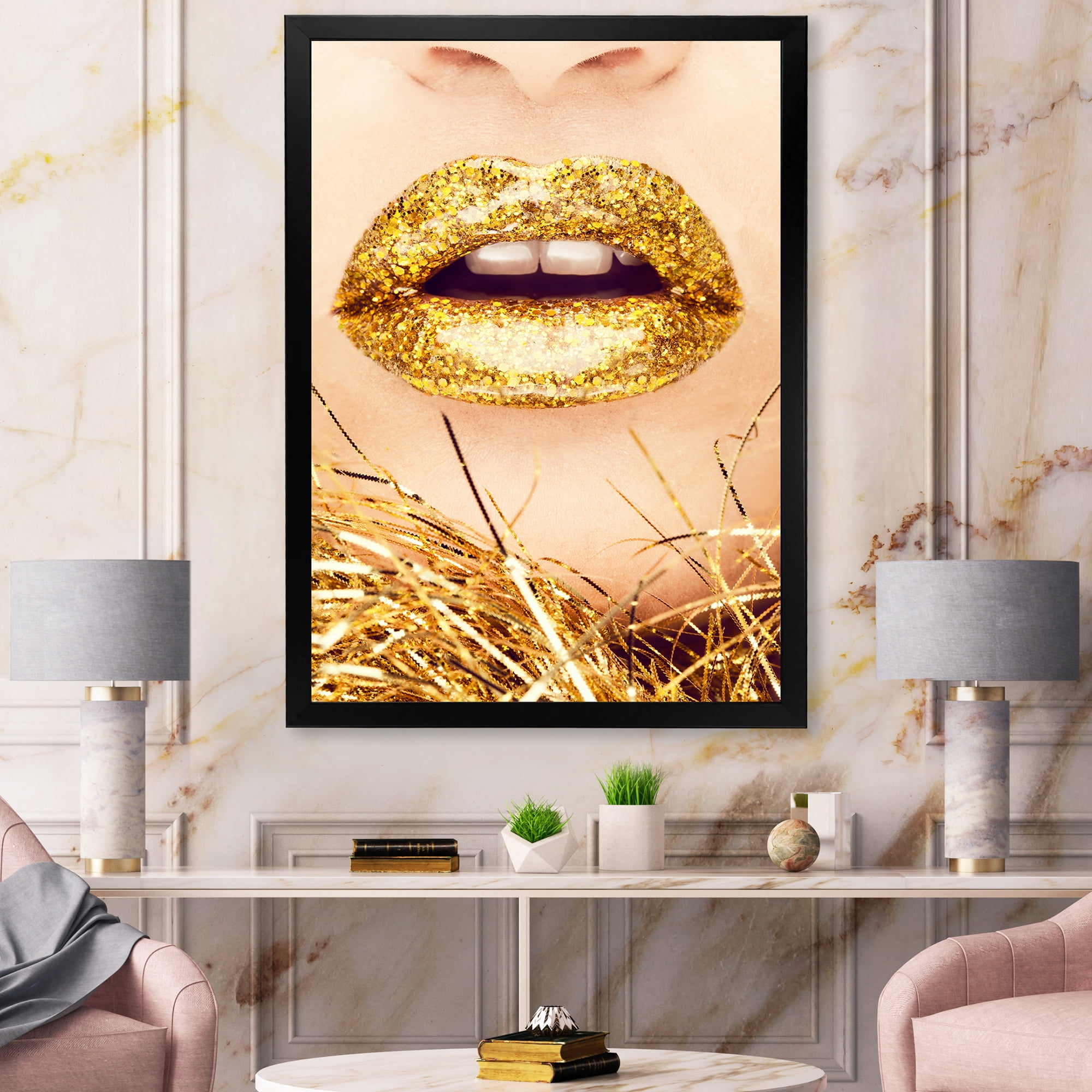 Designart 'Close-Up Of Golden Female Lips I' Modern Framed Art Print