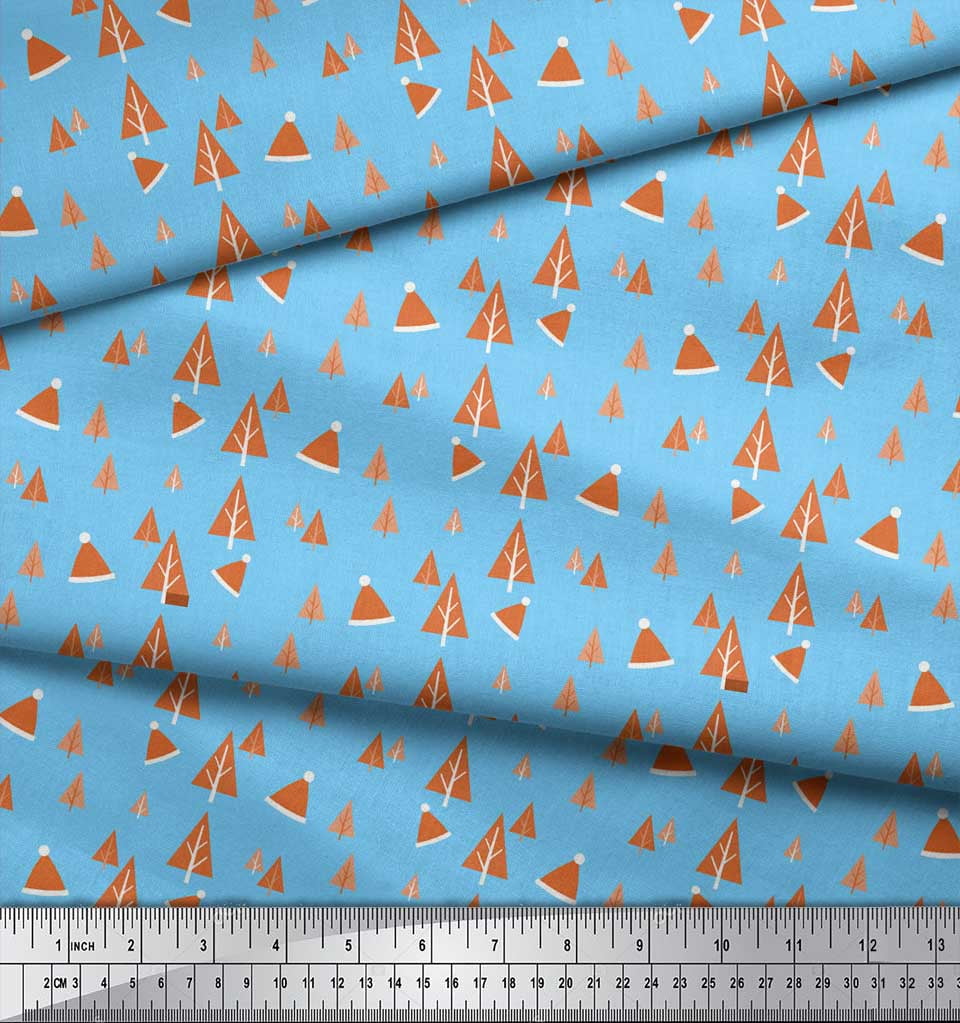 Soimoi Blue Velvet Fabric Santa Cap & Tree Christmas Printed Craft Fabric by the Yard 58 Inch Wide