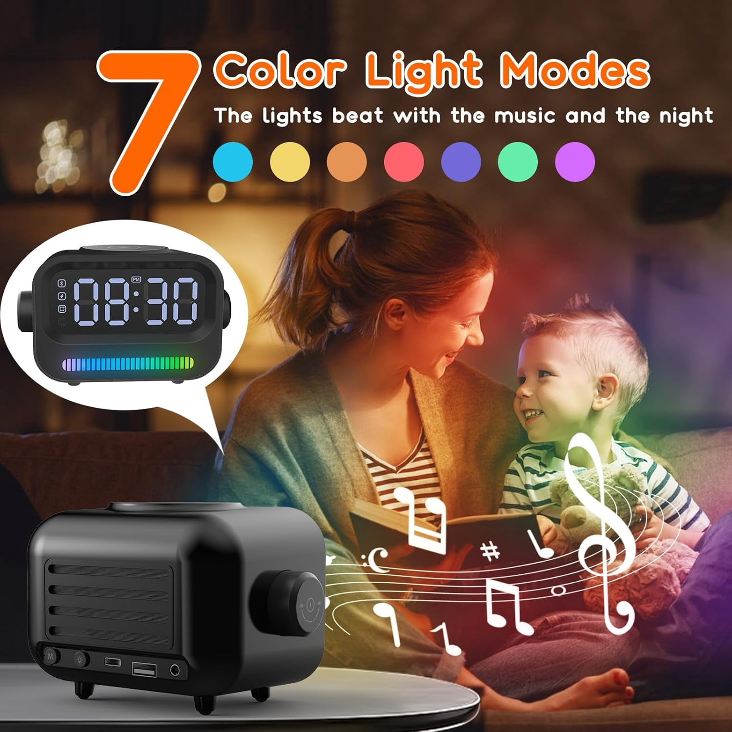 Alarm Clock with Wireless Charging, 3 in 1 Bluetooth Speaker, Digital Alarm Clock with RGB Light Clock and Speaker, LED Large Display Digital Alarm Clock for Teens Girls Boys (Black)