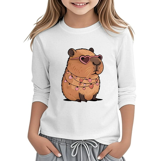 HUANBAI Hauts Décontractés à Manches Longues pour Filles Imprimé Capybara Col Rond T-Shirts pour Usage Quotidien École Activités Extérieures Tissu Doux Confortable Blouse d'Été pour Filles 4-5 Ans