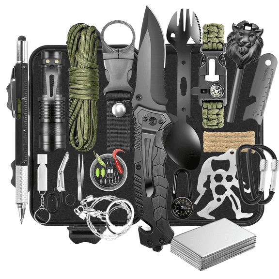 TEIPUERY Survival Kit, Gifts for Men Dad Husband, Emergency Survival Gear and Equipment 19 in 1, Fishing Hunting Birthday for Men, Camping Accessories, Cool Gadget, Camping Essentials