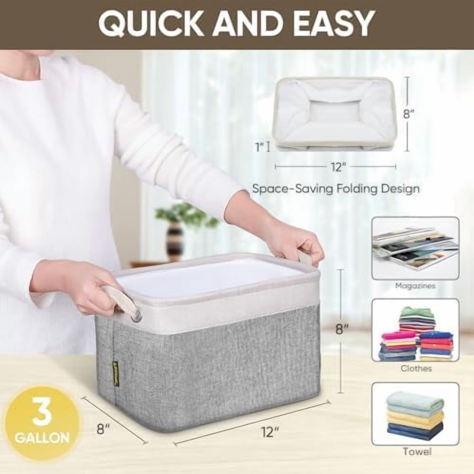 2 Pack Fabric Storage Bins for Shelves, Linen Storage Baskets for Organizing, Decorative Closet Bins for Clothes, Home (Grey, 12"x8"x8")