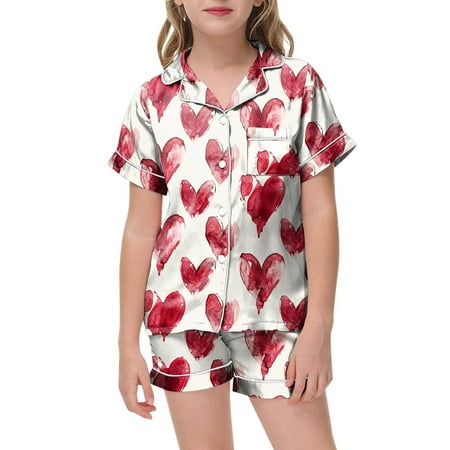 Big Girls Pajama Set Super Soft Sleepwear 2 Piece Kids Children Graphic Print Short Sleeve Button Shirt Shorts Cute Summer Pj Sets Comfy Nightwear Red 8-9 Years
