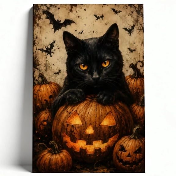 Halloween Black Cat Canvas Wall Art Vintage Spooky Pumpkin Painting Print Gothic Witchy Bat Goth Bathroom Home Decor 12×16