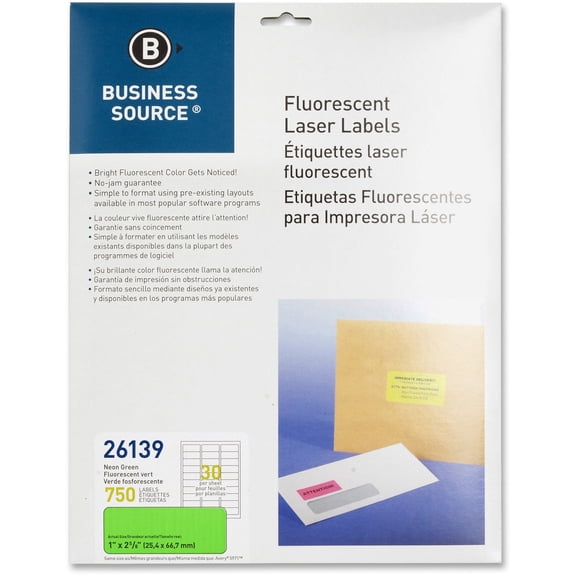 Business Source 1" Fluorescent Laser Labels - 1" x 2 5/8" Length - Permanent Adhesive - Rectangle - Laser - Neon Green - 30 / Sheet - 750 / Pack | Bundle of 5