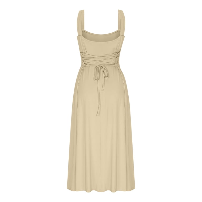 RYRJJ Womens Summer Formal Dresses Elegant Sleeveless A Line Square Neck  Flowy Swing Solid Long Dress Wedding Guest Dress(Beige,S) - Walmart.com