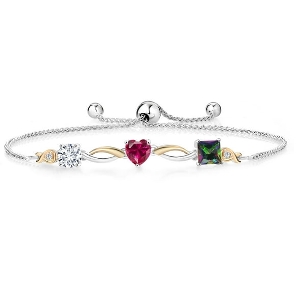 Gem Stone King 925 Silver and 10K Yellow Gold Red Created Ruby Green Mystic Topaz and Lab Grown Diamond Tennis Bracelet for Women By Keren Hanan (2.26 cttw, Adjustable up To 9 inch)