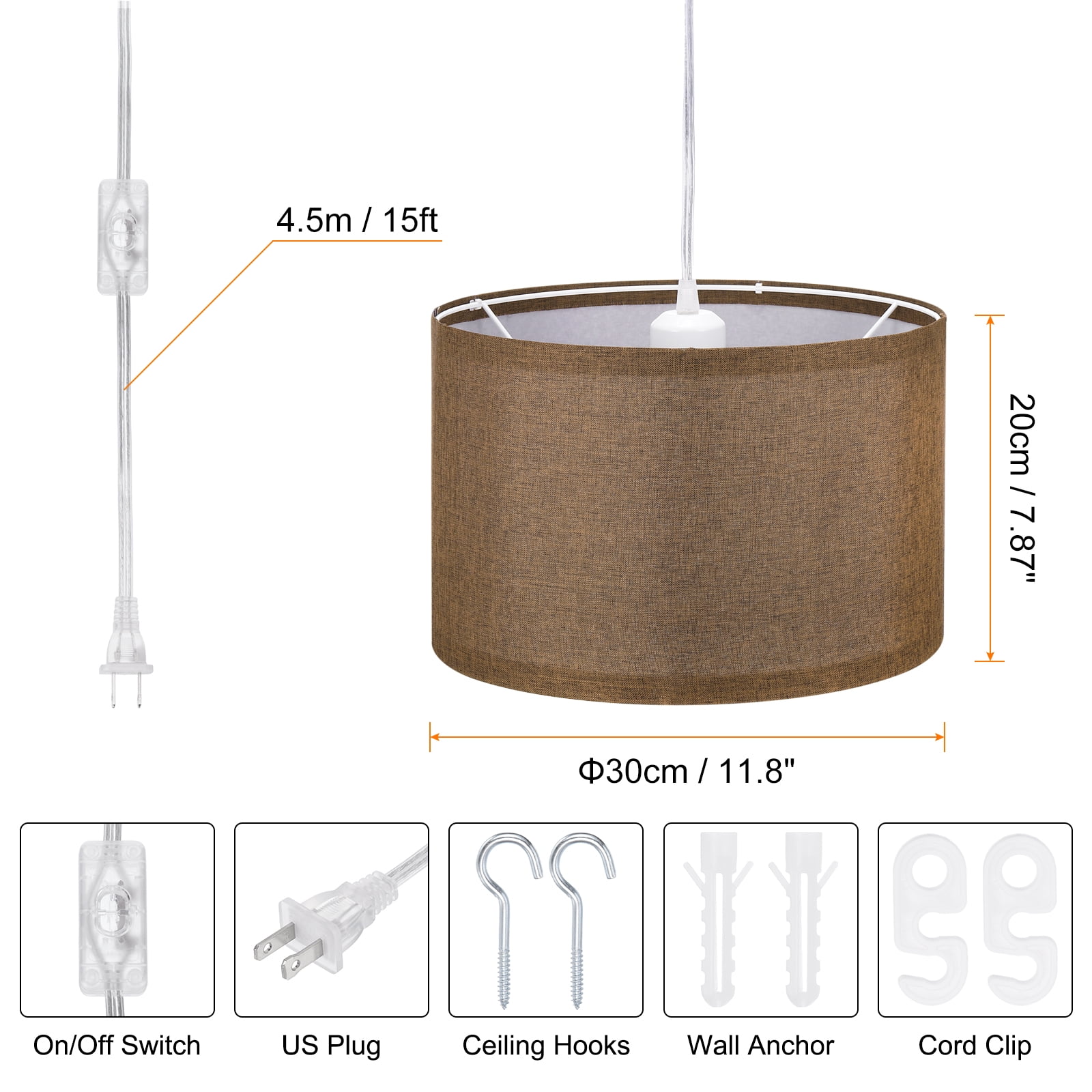 Uxcell Plug in Pendant Light, 15Ft Rope Cord Hanging Lamp Fixture for Bedroom Kitchen Living Room, Coffee