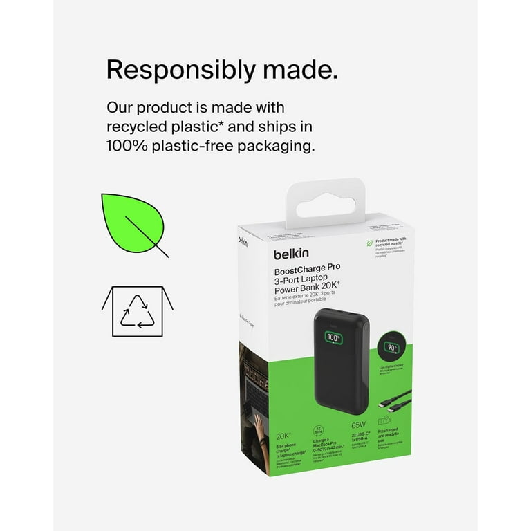 Belkin Portable Charger, 3-Port Laptop Power Bank 20,000mAh