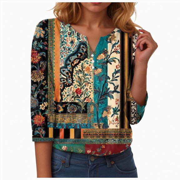 Towmus 3/4 Length Sleeve Womens Tops V Neck Tunic Tops Loose Fit Dressy Casual Shirts Blouses