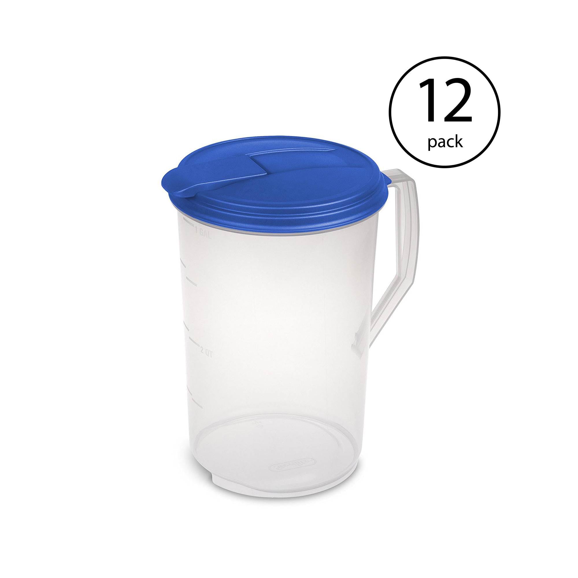 Sterilite 1Gallon Round Pitcher, Clear with Blue Lid & Hinged Spout (12 Pack)