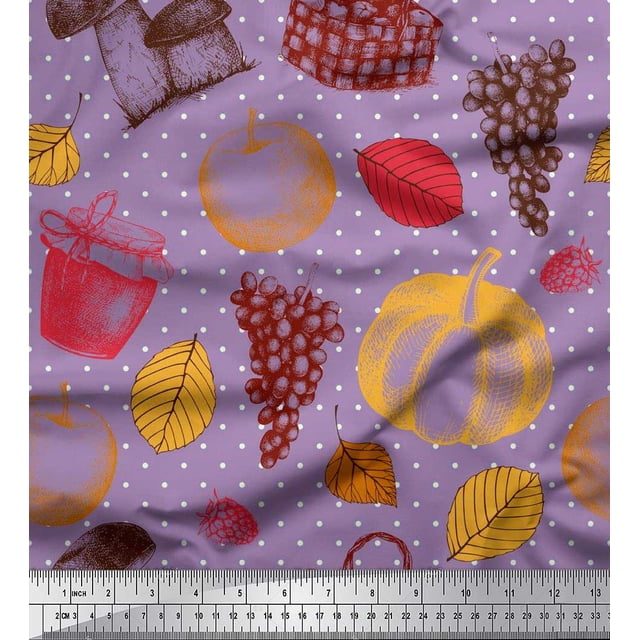 Soimoi Poly Georgette Fabric Mushroom,Grapes & Fresh Fabric Prints by Yard 52 Inch Wide