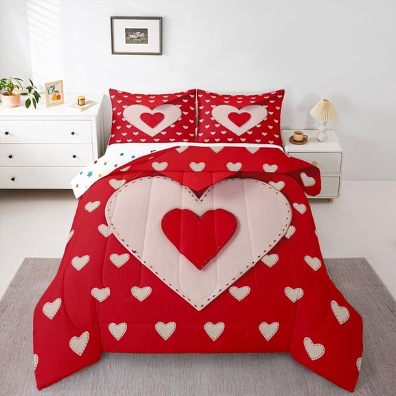 Manfei Love Heart Print Bedding Comforter Set 2pcs for Teens Adults,Romantic Valentine's Day Twin Comforter Sets Microfiber,White Red Breathable Bedding Set,Lightweight Room Decor,Reversible