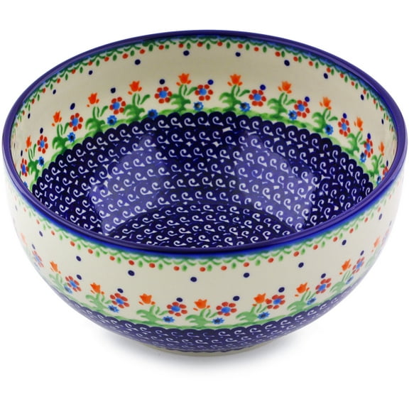 Polish Pottery 9-inch Bowl (Spring Flowers Theme) Hand Painted in Boleslawiec, Poland Certificate of Authenticity