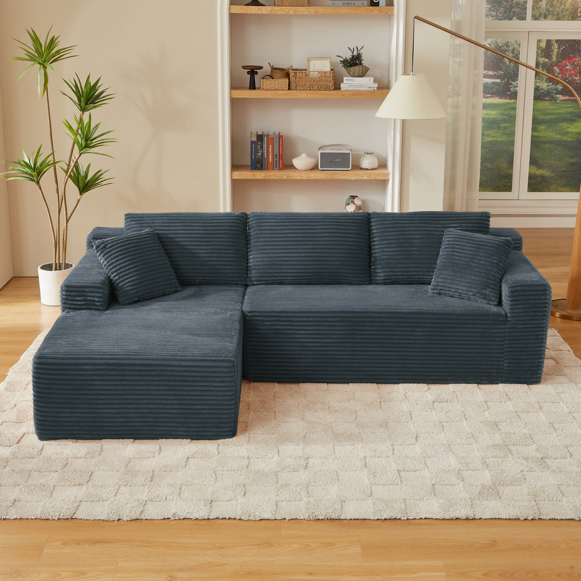 Aukfa 103" Modular Cloud Sectional Sofa, L-Shaped Boneless Couch with Left-Facing Chaise, Deep Seat Corduroy Sleeper Sofa for Living Room, Dark Gray