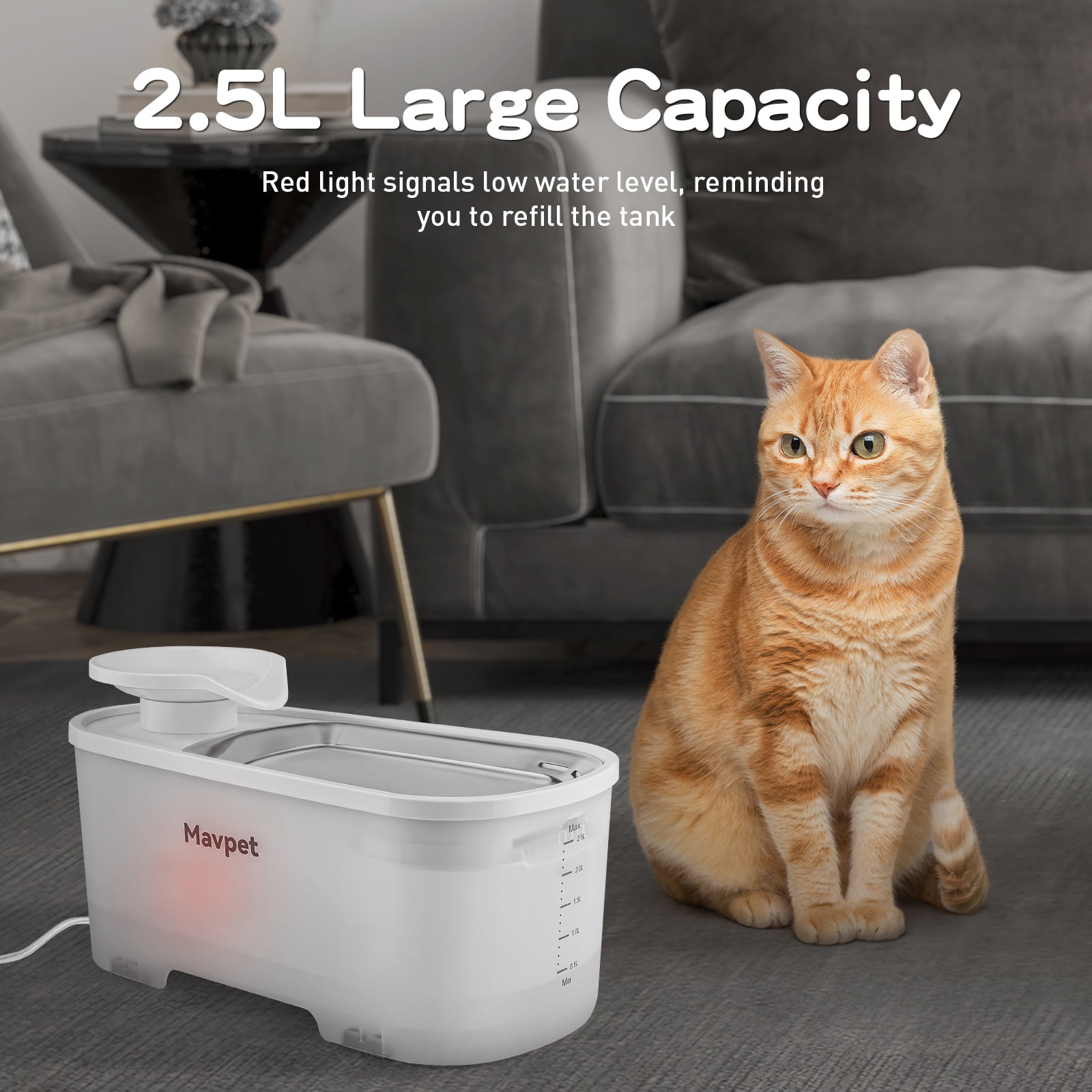Mavpet 2.5L/84oz Automatic Cat Water Fountain with Wireless Pump, Visible Water Level with 2 Filters