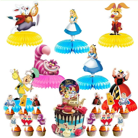 Alice in Wonderland Table Toppers Honeycomb Centerpieces Cake Toppers Decorations for Birthday Party Decor Supplies Photo Props