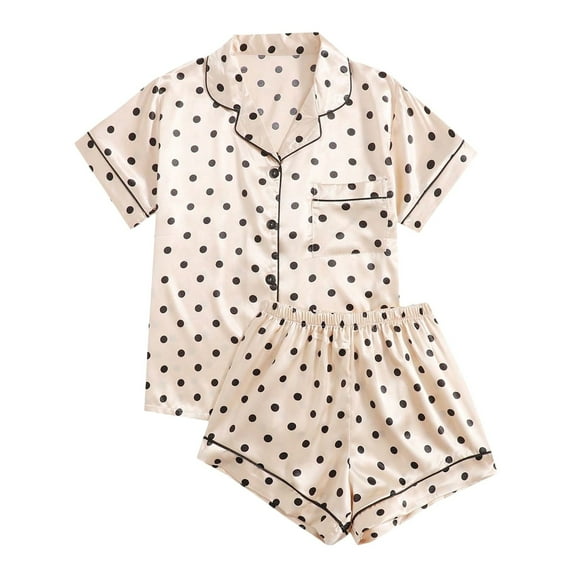 Krdevn Pajamas for Women Set - Women's Casual Solid Silk Satin Pajama Set Short Sleeve Button Up Top & Shorts Sleepwear,Sleepwear for Women,Size:XS