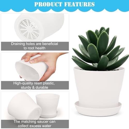 48 Pack Plastic Planters 4 Inch Flower Plant Pots Indoor Set Thickened Seedling Nursery Pots Seed Starting Pots with Drainage Holes Saucers, Mini Garden Tools for Home Office Garden, White