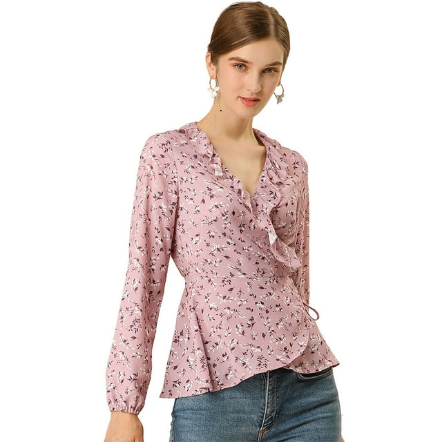 INSPIRE CHIC Blouse à Volants pour Femme à Col en V, Fleurie, à Nouer Soi-Même, Portefeuille, Péplum, Rose, m