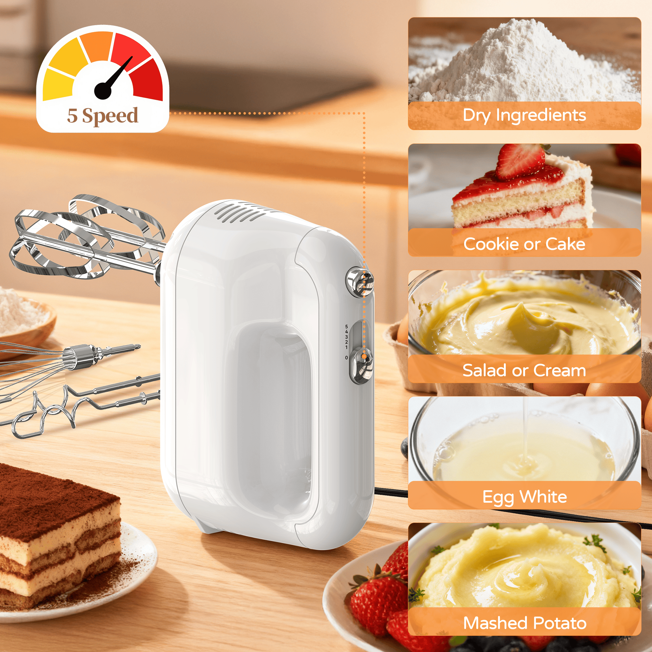 Wnkim Electric Hand Mixer,5-Speed with Stainless Steel Beaters & Dough Hooks