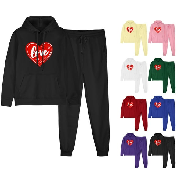 JURANMO Womens 2 Piece Sweatsuit Sets, Cute Teen Girls Love Heart Graphic Outfits Sweatsuit Pullover Long Sleeve Hoodie Jogging Sweatpants Track Suit with Pocket Lightning Deals Purple M