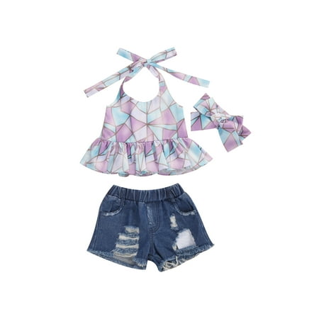 

Nokpsedcb Kids Baby Girl’s Summer Geometric Bandage Tops Ripped Denim Shorts