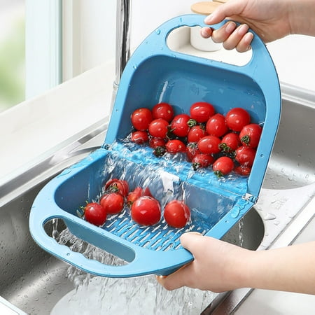

Alueeu Folding Drainage Basket Plastic Vegetable Washing Basin Retractable Kitchen Household Fruit Storage Drain Water Filter Blue