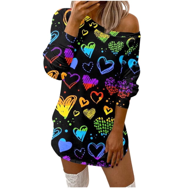 Mini vestido con hombros descubiertos y manga larga con cuello redondo y estampado de corazón cómodo y suelto para mujer Fridja NMB2435