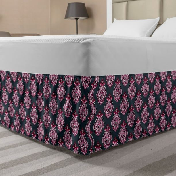 Pink Damask Bed Skirt, Rhythmic Floral Victorian Ornaments in Girly
