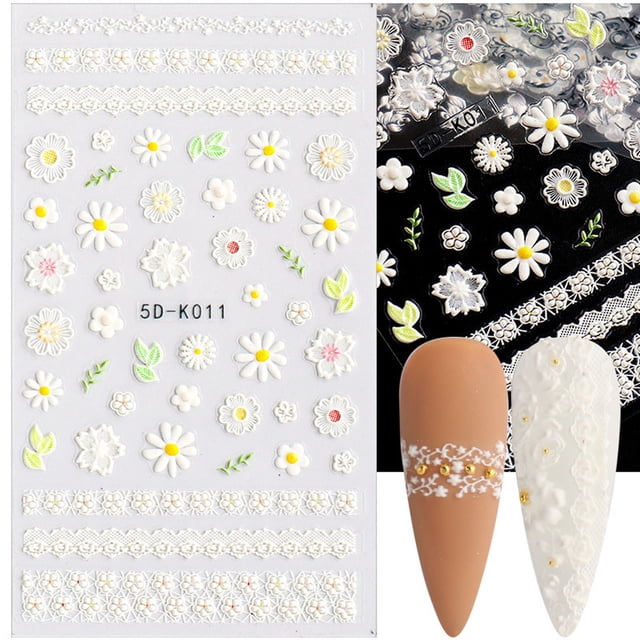 Iumwxz Nail Art Embossed Sticker 5d Three-dimensional Hollow White Lace Flower Nail Applique