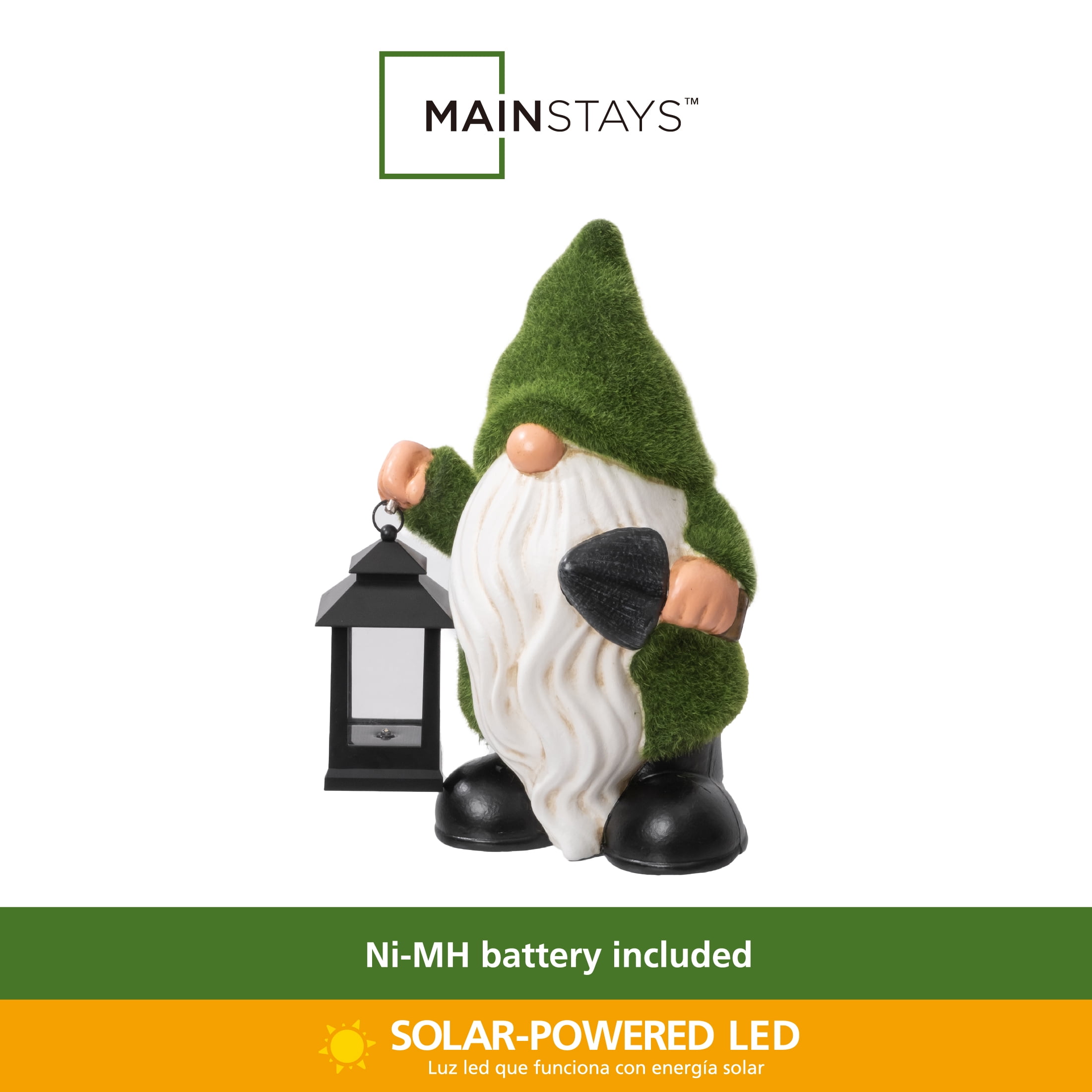 Mainstays Solar Mossy Gnome Garden Statue with LED Lantern