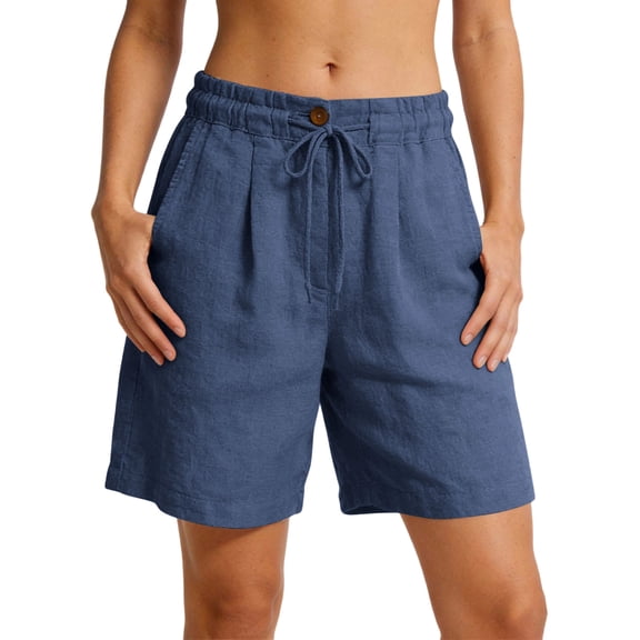 Ecqkame Womens Summer Linen Shorts Casual Loose Elastic Waist Drawstring Solid Color Shorts Lightweight Beach Vacation Shorts with Pockets Navy XXL