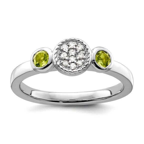 925 Sterling Silver Bezel Polished Prong set Stackable Db Round Peridot and Dia. Ring Size 8 Stackable Ring for Women