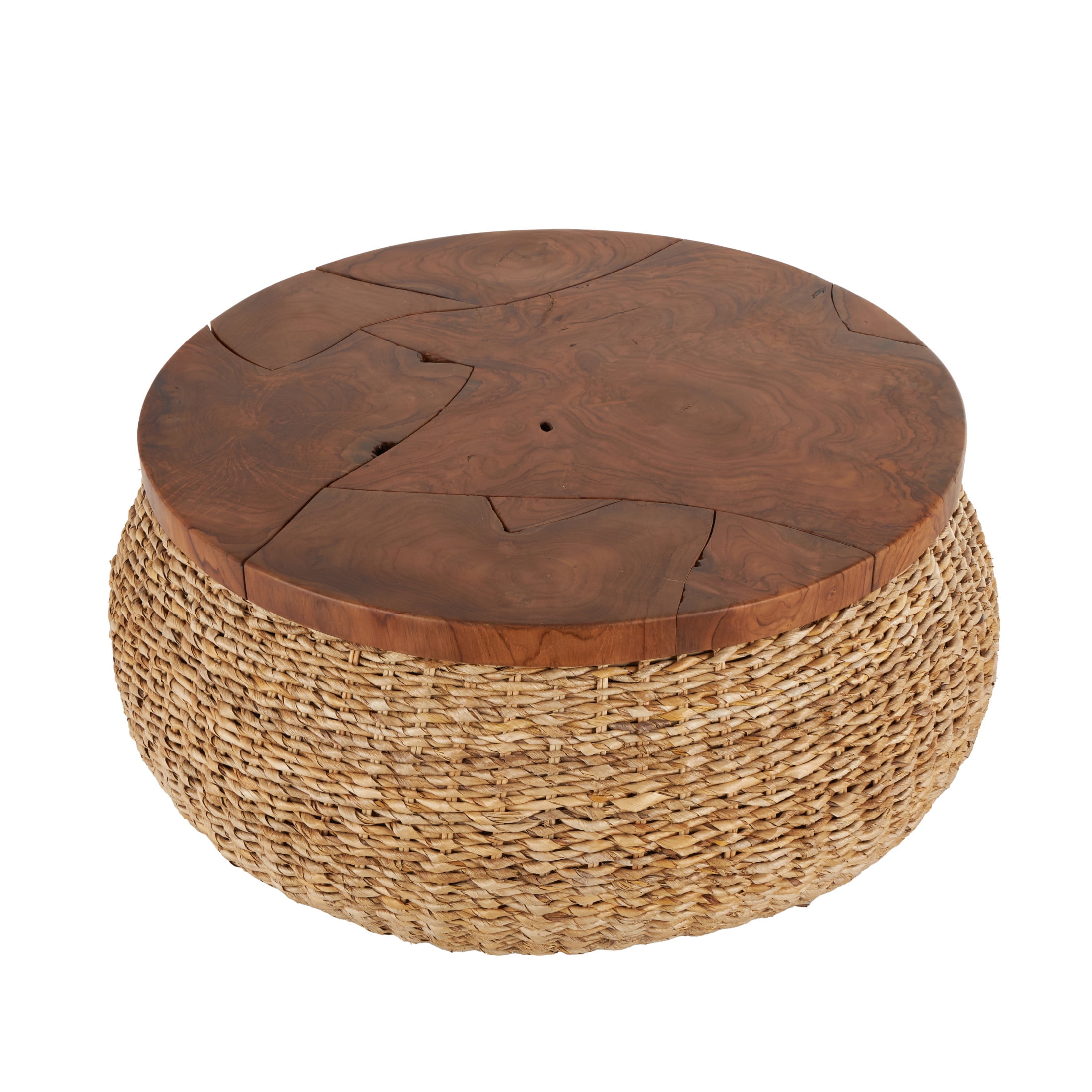 DecMode 35" x 15" Brown Rattan Wrapped Coffee Table with Teak Tabletop, 1-Piece