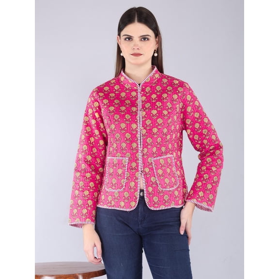 Reversible Kantha Jacket | Floral Quilted Cotton Coat | Boho Block Print Layer for Women