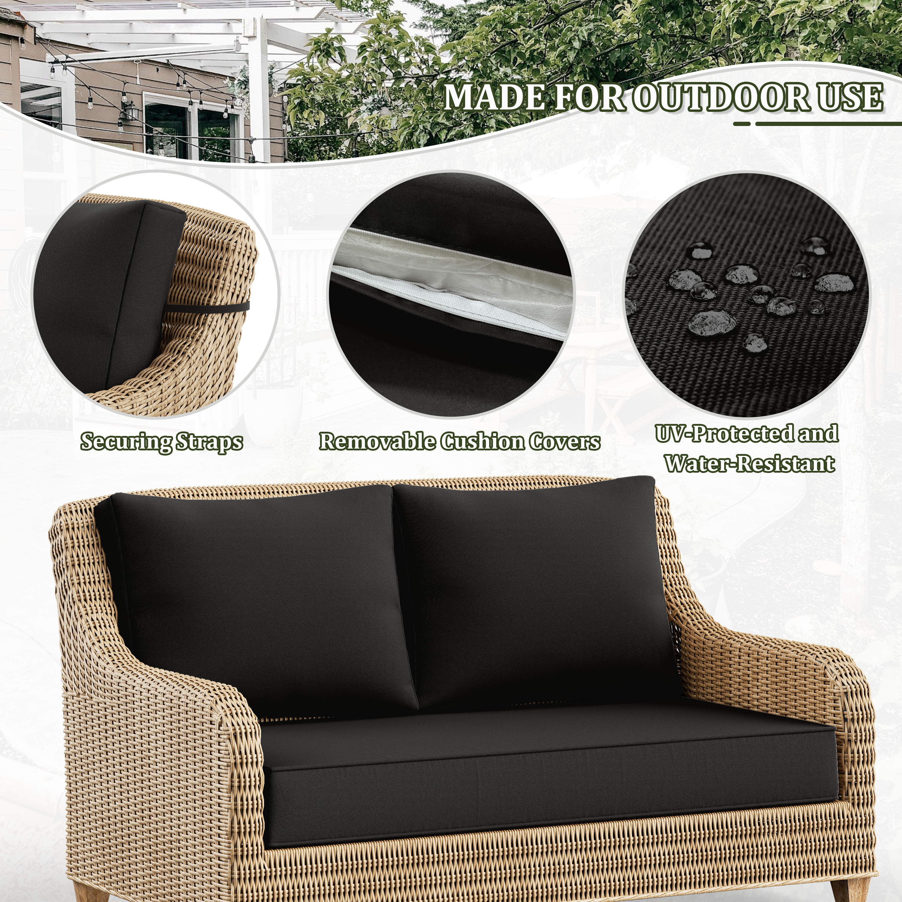 Pakunoda Outdoor Loveseat Cushion Set 46 x 26 Inch, Water Repellent, Fade Resistant, Patio Loveseat Replacement Cushions for Couch Bench and Swing, Black