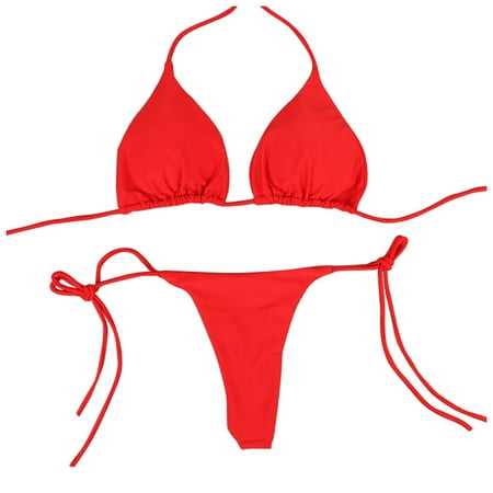 

EHTMSAK Lingerie for Women String Bikini Set Halter Teddy Babydoll Strappy Bra and Panty Set 2 Piece Red M