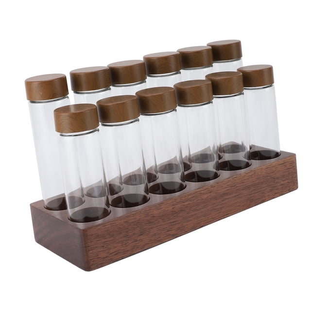 12PCS Coffee Bean Storage Tubes, Sealed Dosing Coffee Bean Jars Glass Coffee Bean Container Seasoning Containers with Wooden Display Stand & Funnel for Tea Spice Candy