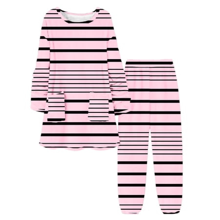 Fmbrln Pajamas for Women Sets Fall Winter Fleece Warm Home Sleepwear Sets Fashion Stripe Print Long Sleeve Crew Neck Shirts Tops and Elastic Waist Pajamas Pants Sets