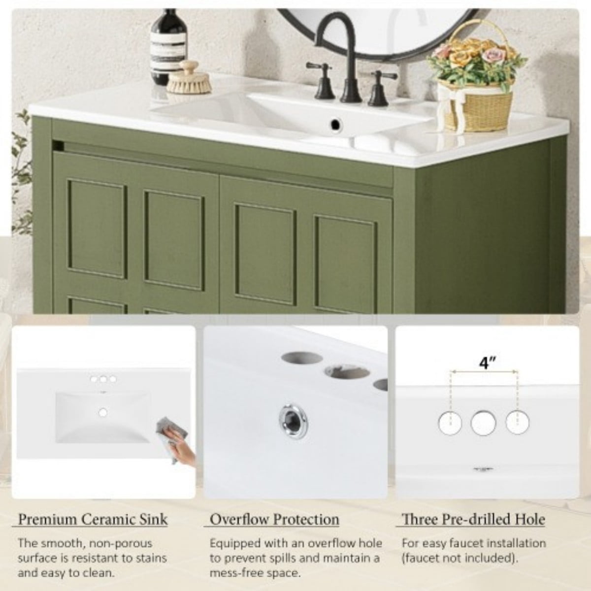 36" Bathroom Vanity with Ceramic Sink, Freestanding Bathroom Cabinet, Solid Wood Frame, Soft Close Doors, Vintage Olive Green Storage Organizer
