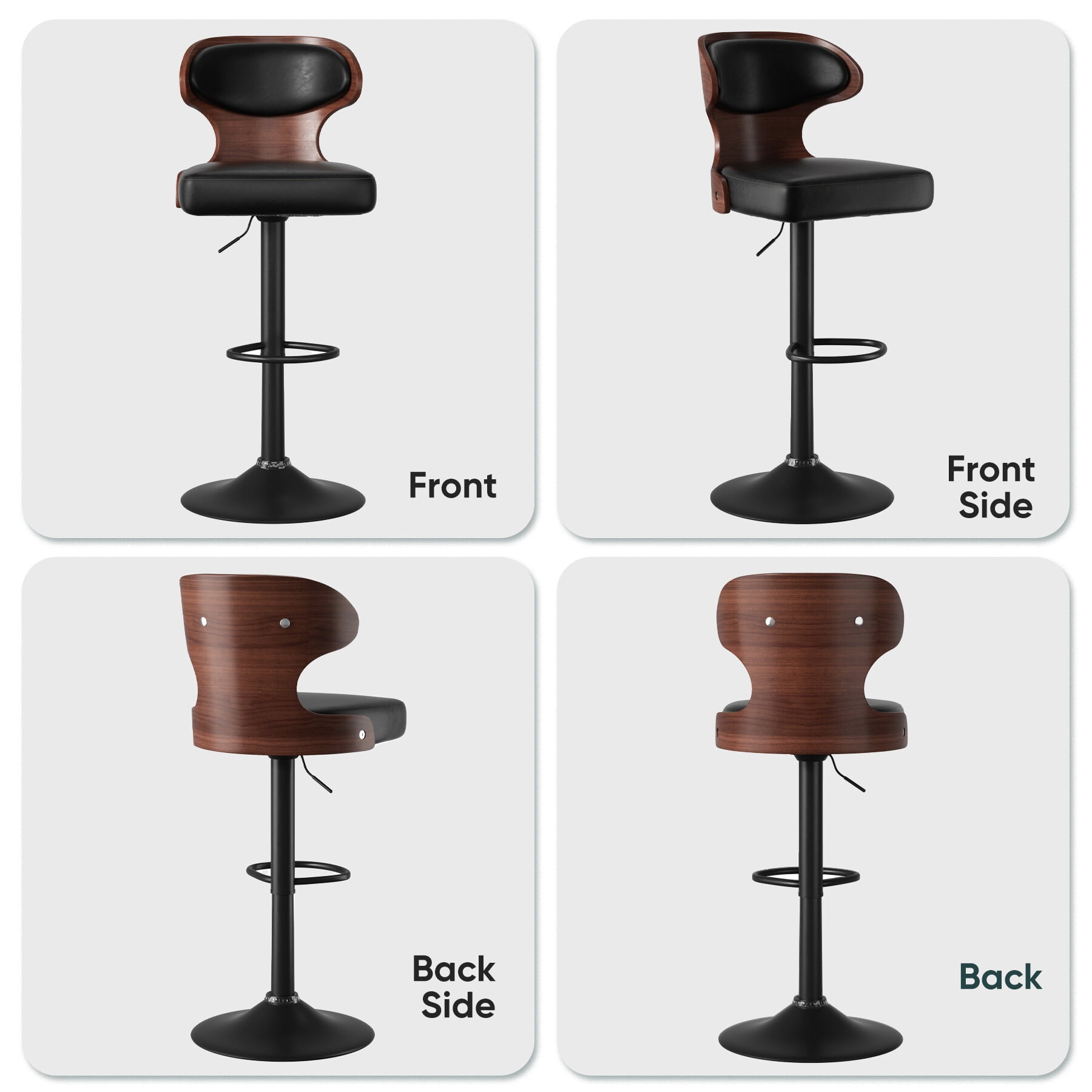 Hawsaiy Bar Stools Set of 2, Adjustable Height 24.5"-33.5", Bentwood Swivel Barstools with Back & Footrest, PU Leather Upholstered Bar Chairs for Kitchen Island, Dining Room, Home Bar