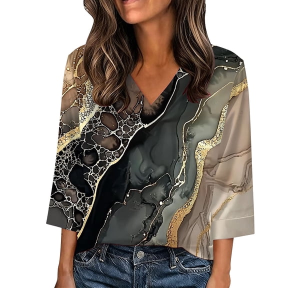 Jsaierl 3/4 Length Sleeve Womens Silk Satin Tops Casual V Neck Shirts Cute Print Ladies Blouses Classic Elegant Tunic Top S-5XL