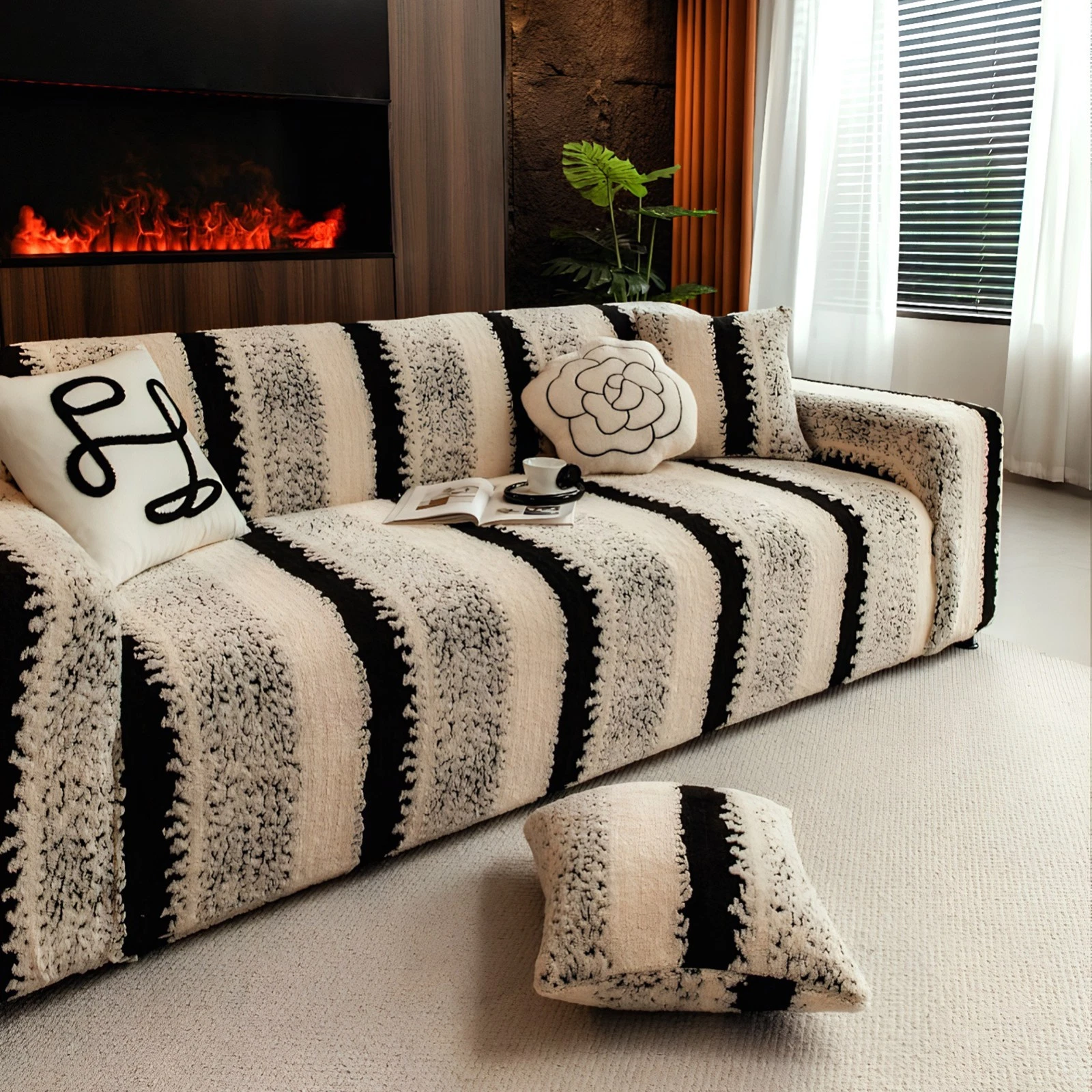 TOPCHANCES Stretch Stripe Sofa Covers, Soft Cotton Blend Velvet Fabric Armchair Loveseat 3-Seat Sofa Slipcover, Non-slip Couch Protector Settee Cover, Friendly to Pets (Chair Cover, Stripe Black)